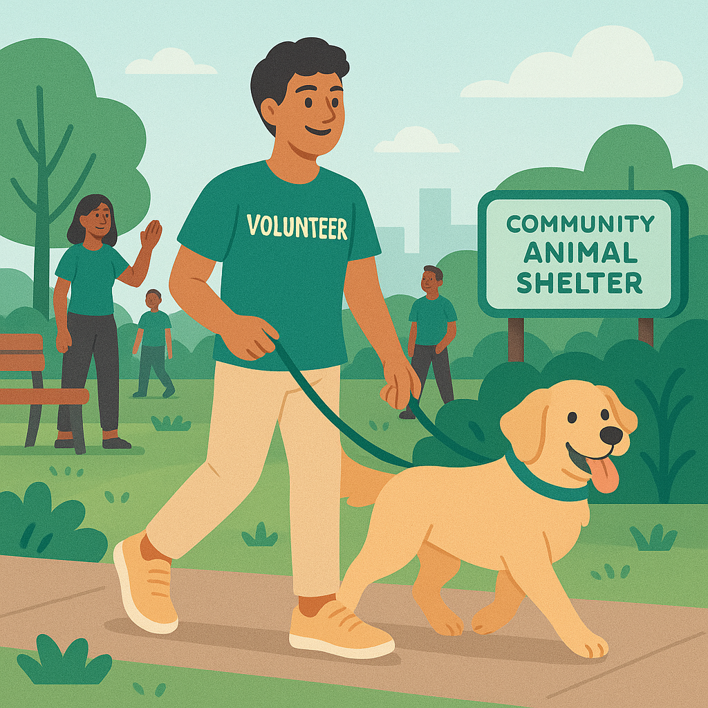 Person volunteering at animal shelter walking a dog